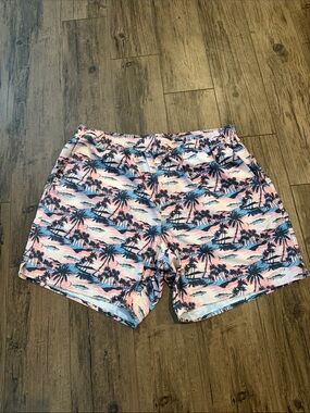 AFTCO Pink & Navy Palm-Print Swim Shorts
